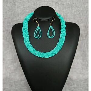 Teal Boho Braid Beaded Necklace with Matching Earrings